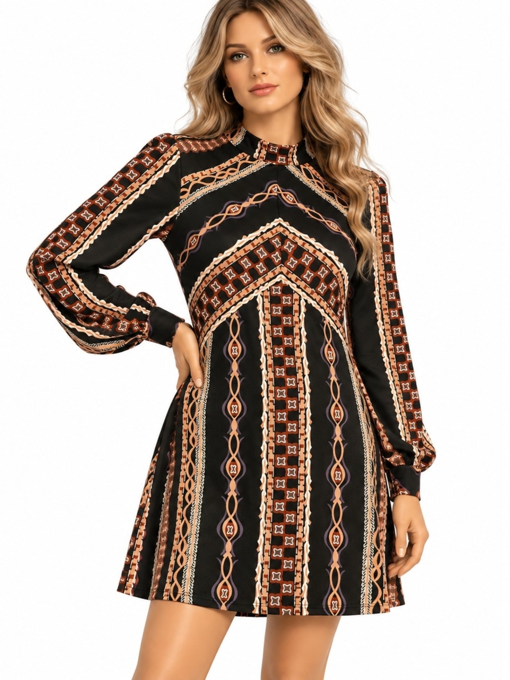 Free People Small Black Geometric Print Long Sleeve Mini Dress Boho
